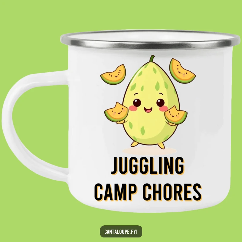 Funny Juggling Cantaloupe Camping Mug, Melon Artist Character, Outdoor Funny Gift