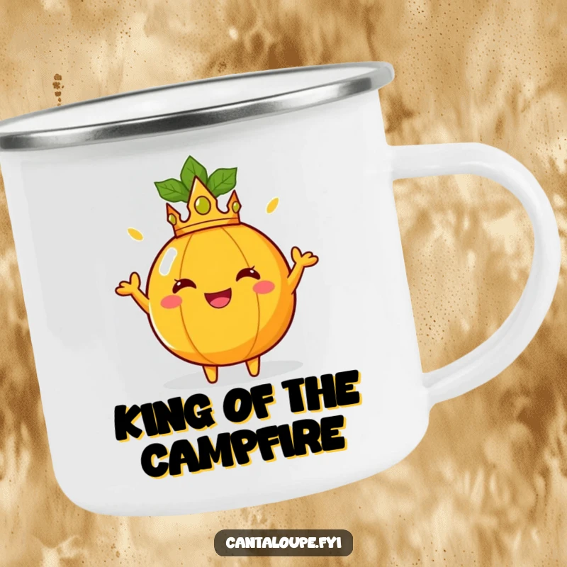 Funny Camping Mug: A crowned cantaloupe poses regally, radiating sunny joy. Great for outdoor fun and a funny gift.