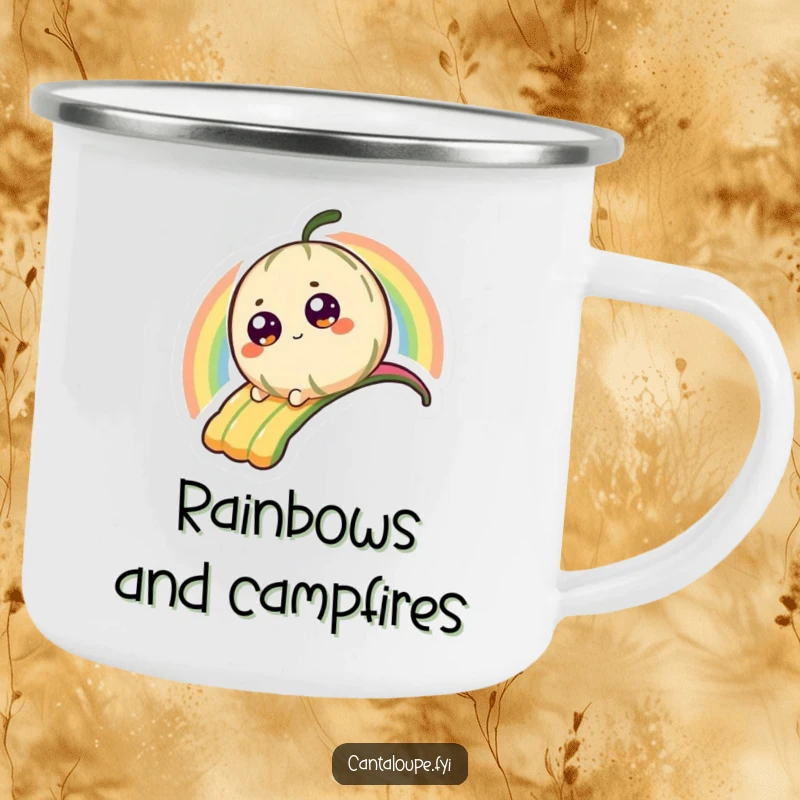 Funny Camping Mug with a tiny, bright-eyed cantaloupe character zipping down a colorful rainbow, perfect for scenic sips.