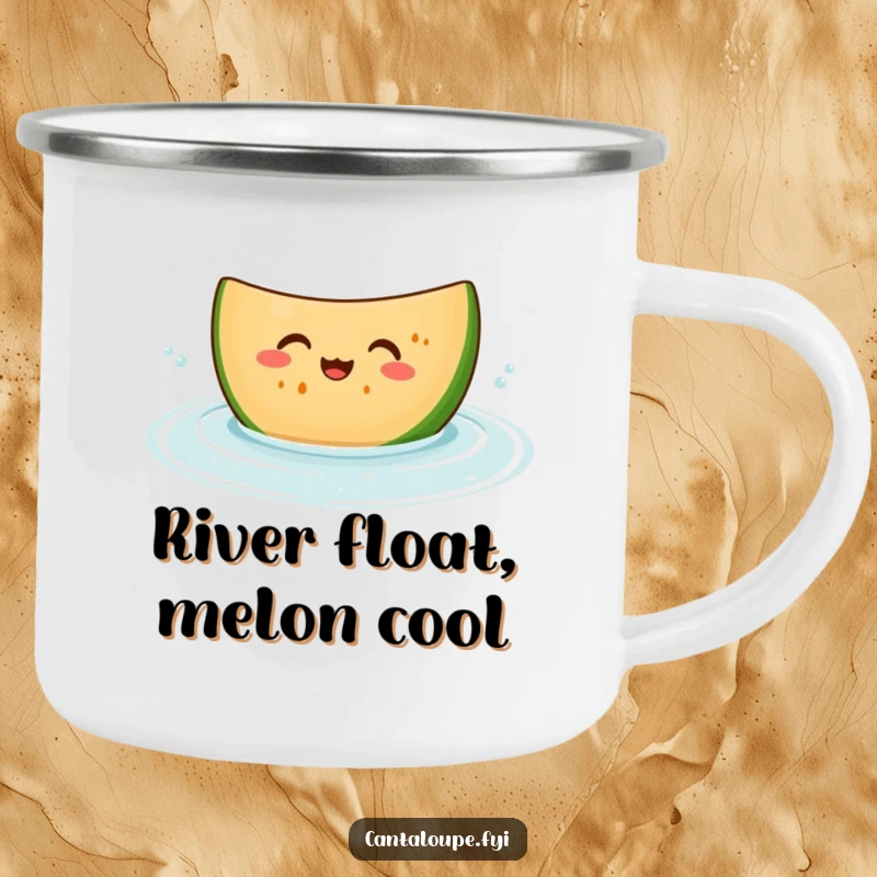Funny camping mug with a giggling cantaloupe slice character bobbing in water, ideal for enjoying beverages during outdoor adventures.