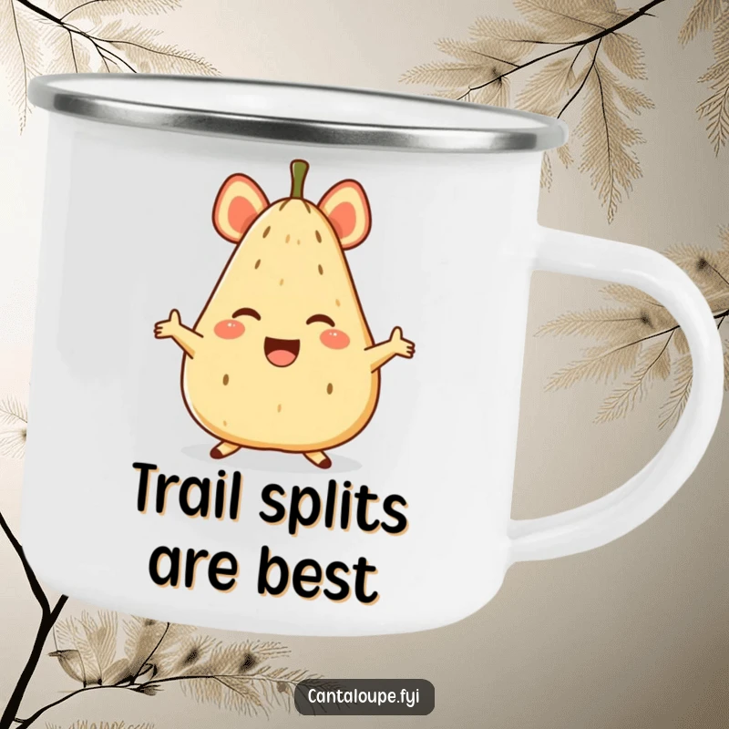 Funny camping mug showcasing a happy anthropomorphic cantaloupe character in a full, joyful split, ready for adventure.