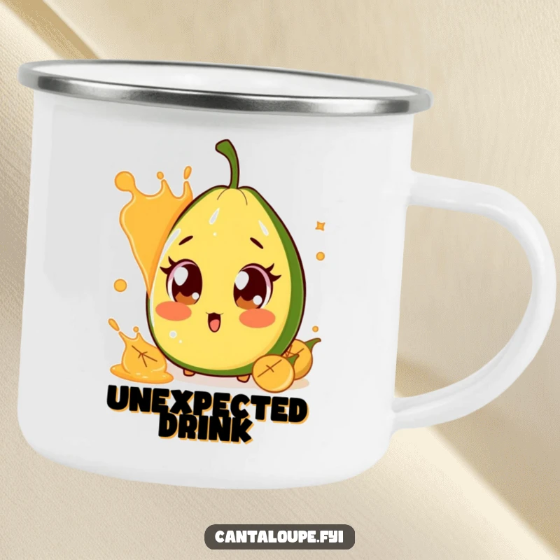 Funny Surprised Cantaloupe Camping Mug: A durable camping mug featuring a cantaloupe character with comically large, surprised eyes reacting to a juice splash, for rugged humor.