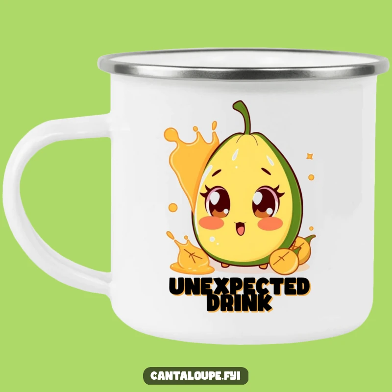 Funny Surprised Cantaloupe Camping Mug: Wide-Eyed Melon Character, Outdoor Fun