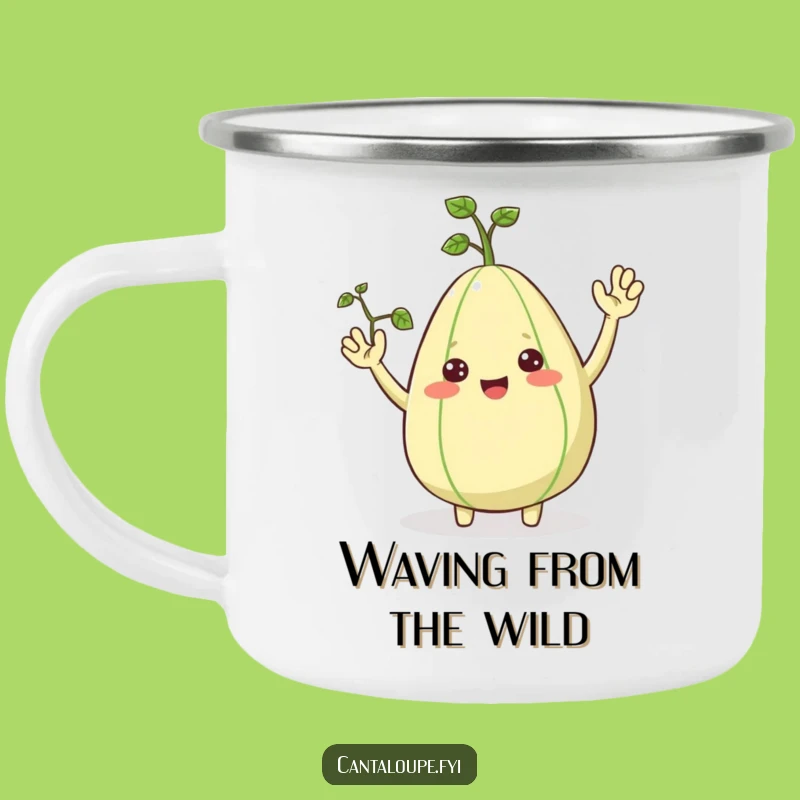 Funny Cantaloupe Camping Mug, Cheerful Waving Fruit Character, Outdoor Funny Gift