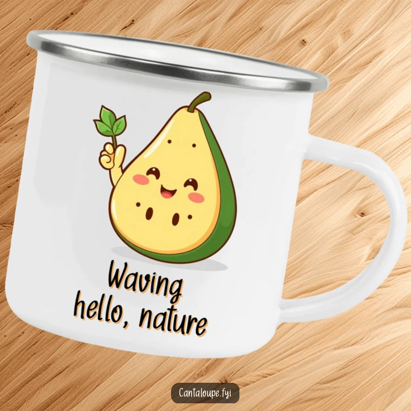Funny Camping Mug with a smiling cantaloupe wedge giving an enthusiastic wave with its small leafy hand, perfect for scenic sips.