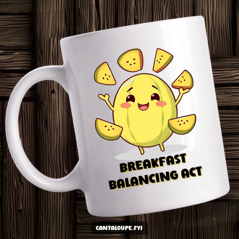 Funny mug featuring a cantaloupe character with a big grin, expertly juggling slices of its own fruit, showcasing impressive melon dexterity.