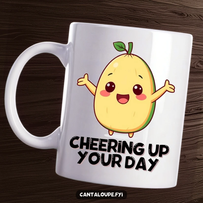 Funny mug featuring a cute cantaloupe wedge character with arms outstretched wide, cheering enthusiastically with a happy expression.