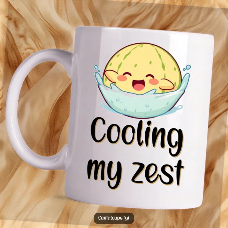 Funny mug depicting a cantaloupe character joyfully diving headfirst into cool water, creating a big, celebratory splash.