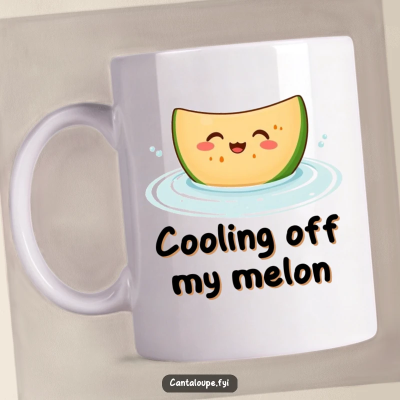 Funny mug with a giggling cantaloupe slice character happily bobbing in cool water, exuding pure joy and refreshment, a delightful gift.