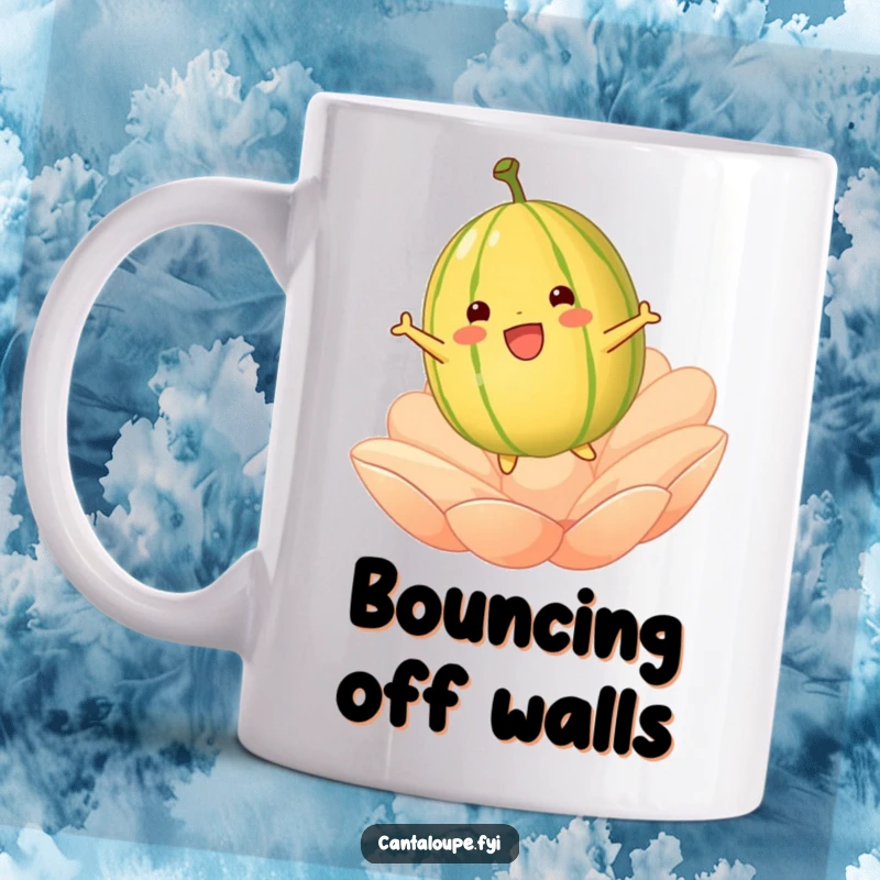 Funny cantaloupe character joyfully bouncing high on a large, soft petal, radiating pure delight and energetic fun.