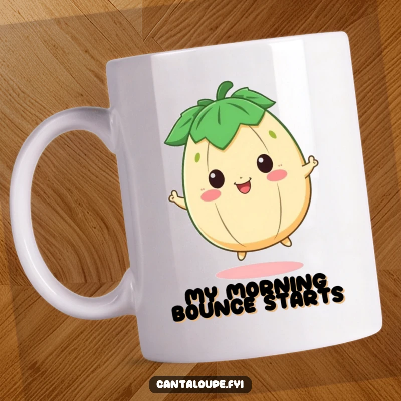 Funny Mug featuring a happy cantaloupe character joyfully bouncing with pure delight, exuding infectious energy and cheer.