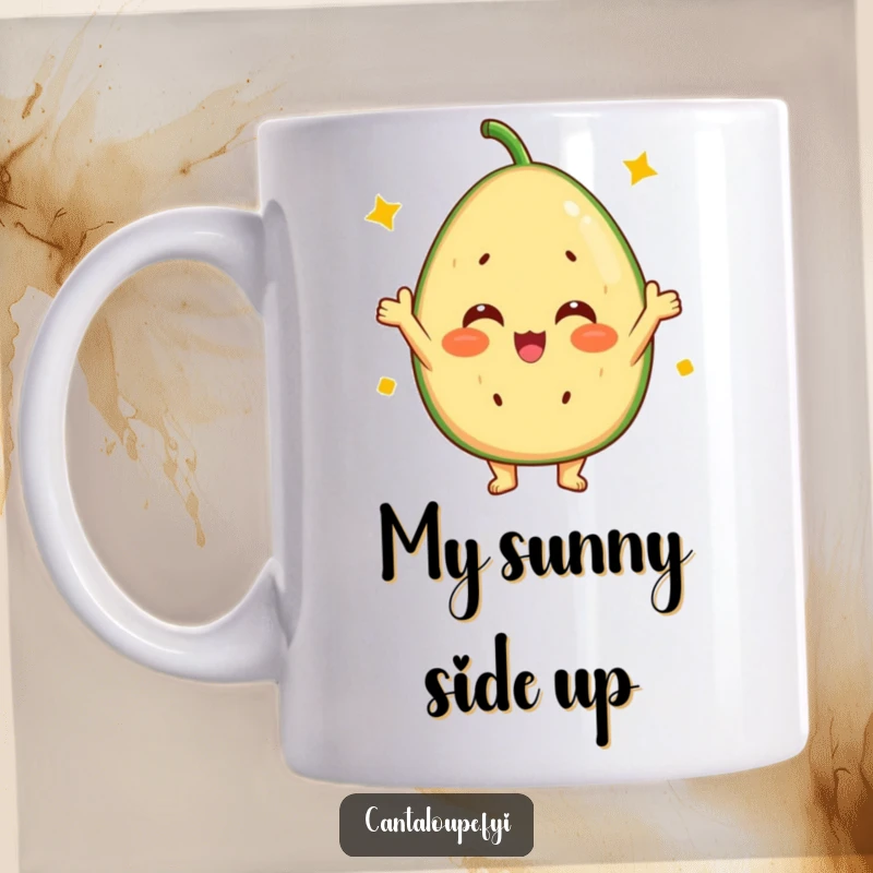 Funny Cantaloupe Mug: A cheerful, vibrant cantaloupe character cheering with a sunny disposition, radiating pure joy.
