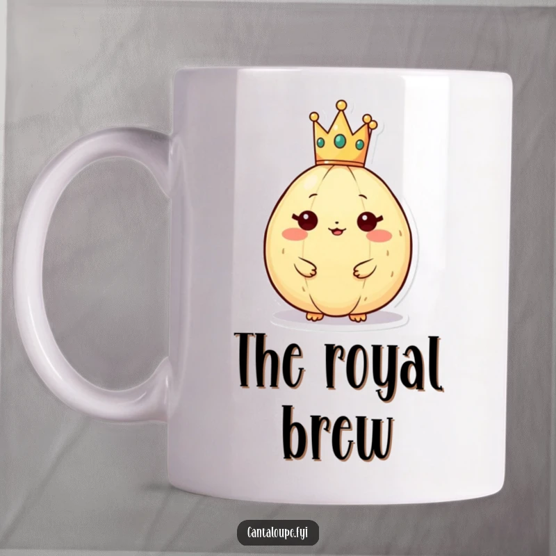 Funny cantaloupe character adorned with a tiny crown, looking stately and regal, perfect for a humorous royal decree.