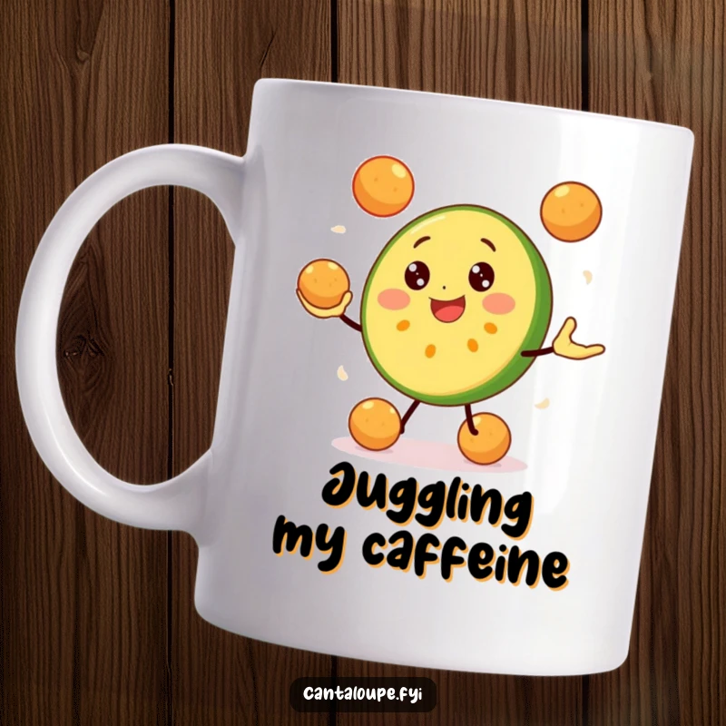 Funny Cantaloupe Slice Mug: A happy cantaloupe character skillfully juggles small melon balls, showcasing joy and amazing dexterity. Great gift idea.