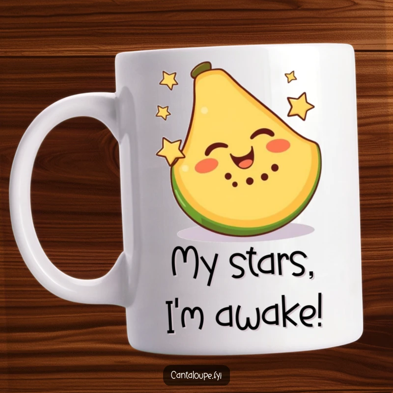 Funny Mug featuring a happy cantaloupe slice cheerfully juggling two small, twinkling stars with a huge grin.