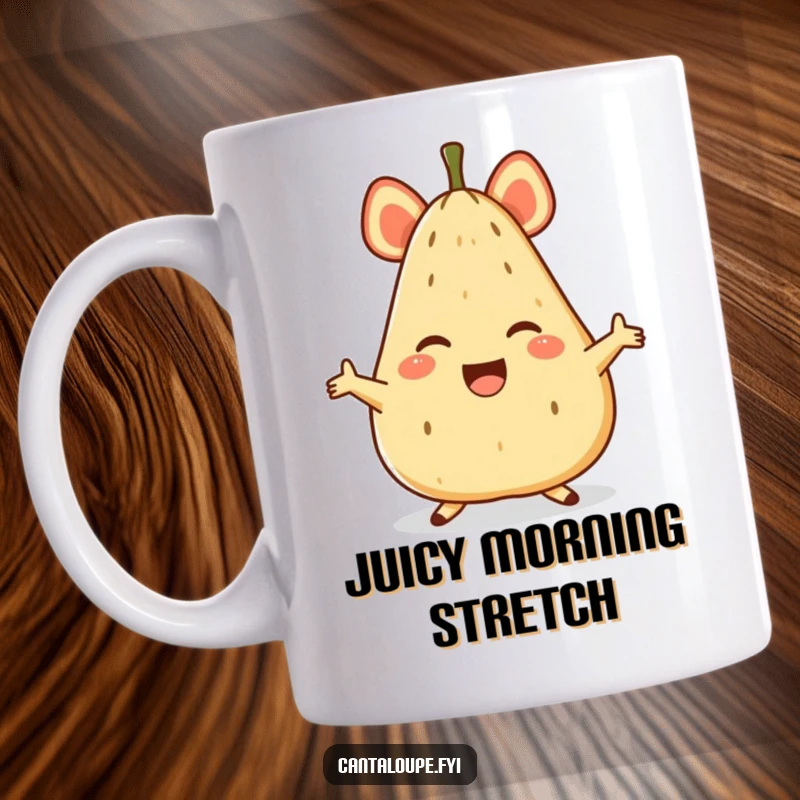 Funny mug featuring an anthropomorphic cantaloupe character performing a joyful, impressive split with a big grin.