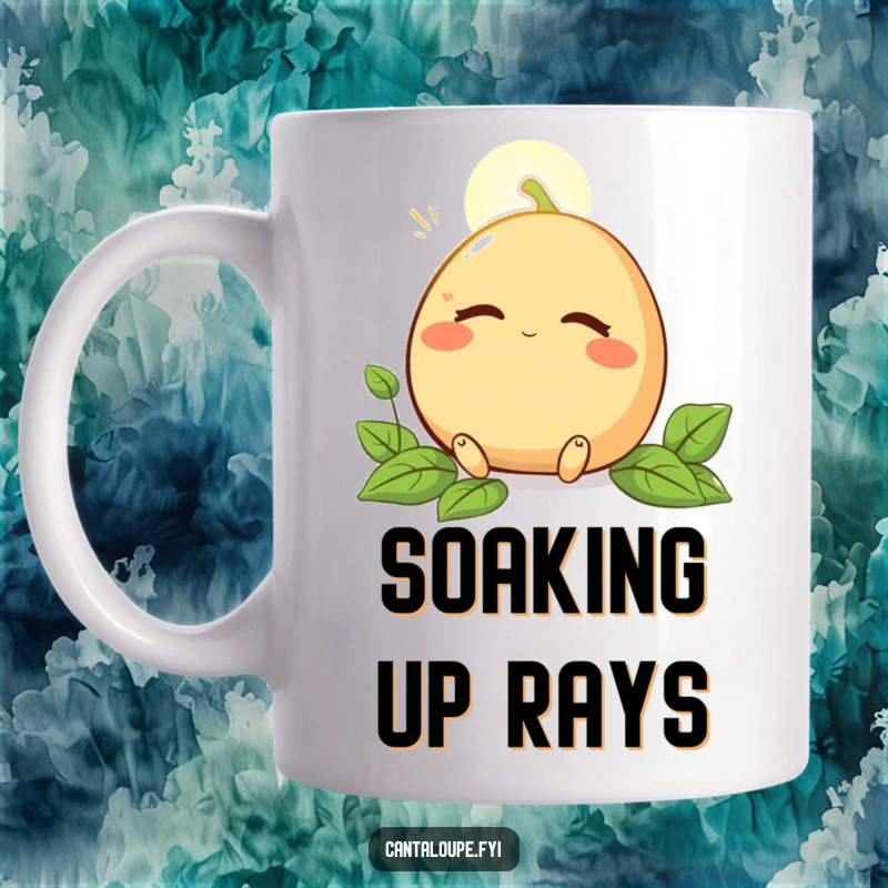 Funny mug featuring a content anthropomorphic cantaloupe character with closed eyes, basking peacefully in a warm sunbeam.