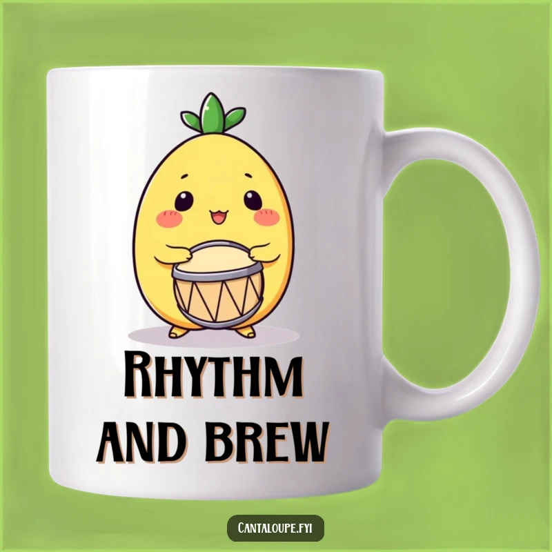 Funny Drumming Cantaloupe Mug: Melon Character Playing Excitedly, Rhythmic Gift