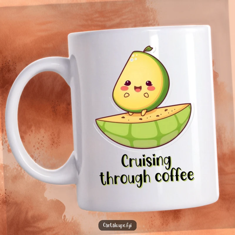 Funny mug showing a happy cantaloupe slice character joyfully riding on a giant melon rind.