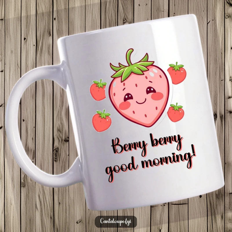 Funny mug with a happy strawberry character making a goofy, silly expression, perfect for a lighthearted, humorous gift.