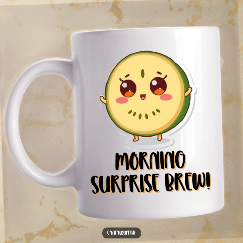 Funny mug with a cantaloupe slice character in a surprised bounce, eyes wide with shock and excitement.