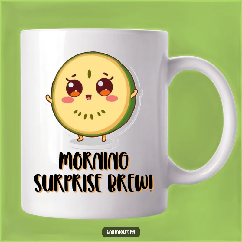 Funny Surprise Mug: Cantaloupe Bounce, Wide-Eyed Fruit Character Gift