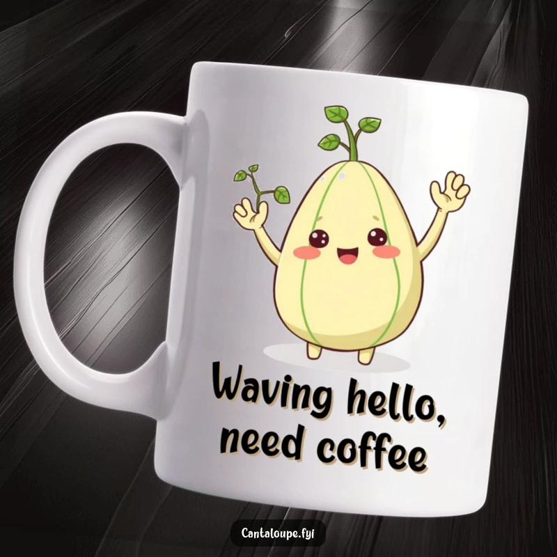 Funny Mugs: A cheerful cantaloupe character with vine arms waves hello, radiating happy fruit vibes. Ideal for a funny gift.