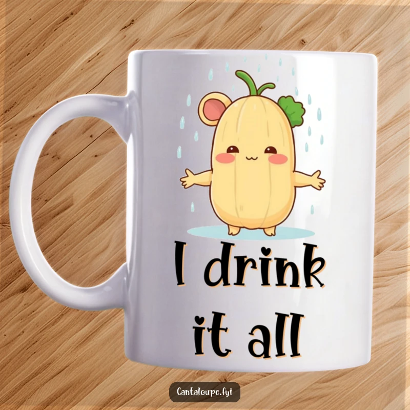 Funny cantaloupe character blissfully receiving a gentle rain shower with arms wide open, conveying peace and enjoyment.