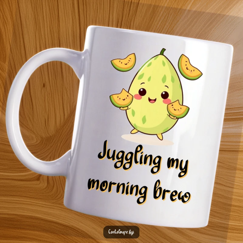 Funny Mugs: A cantaloupe character skillfully juggles three smiling melon wedges. Ideal for a funny gift.