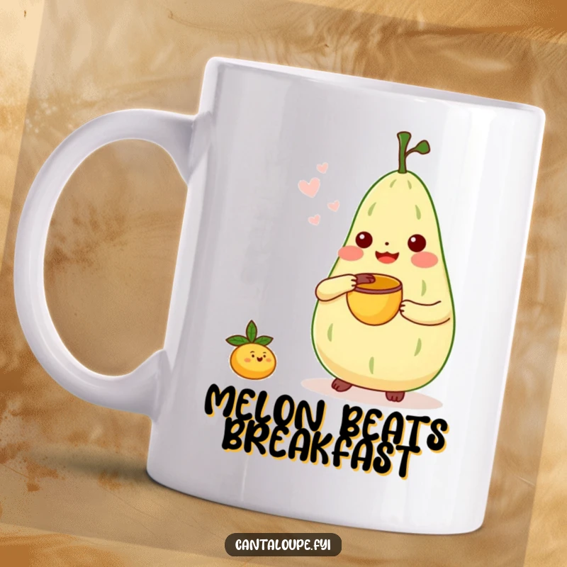 Funny Mug: Anthropomorphic cantaloupe character joyfully playing a tiny bongo drum with a melon scoop, creating lively music.