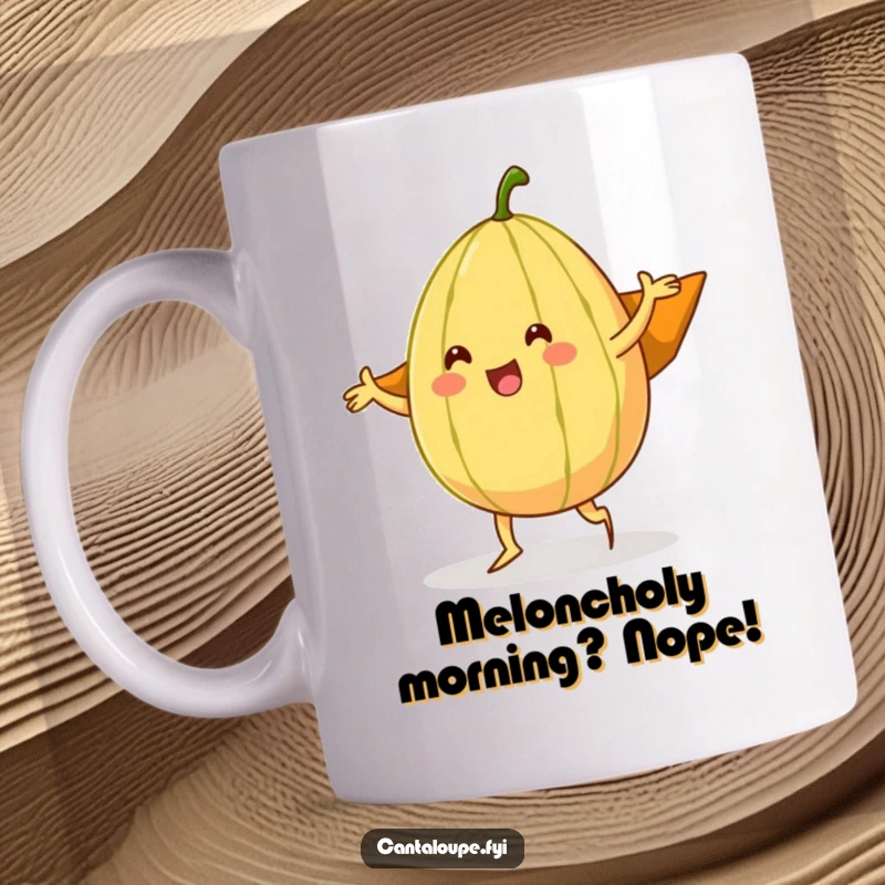 Funny cantaloupe character performing a silly dance, its rind acting as a heroic cape, celebrating fruity fun and laughter.