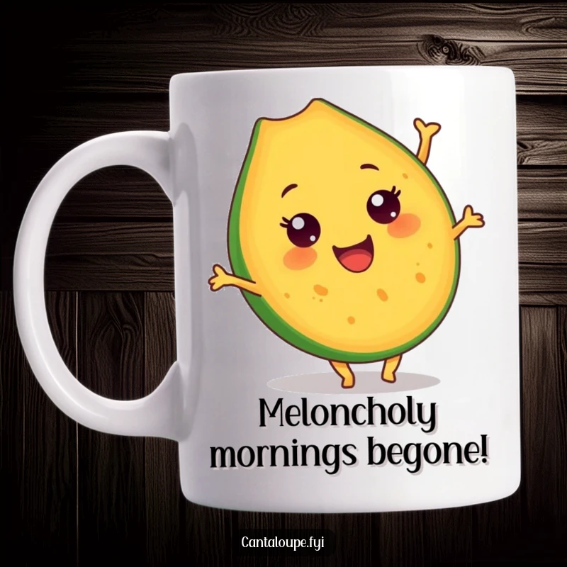 Funny Cantaloupe Slice Mug: A cheerful cantaloupe character performs a dynamic somersault, radiating pure joy and energetic fun. Perfect for a laugh.