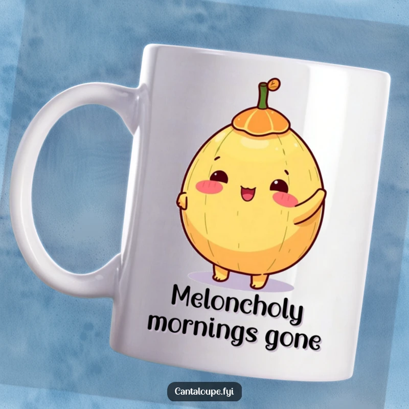 Funny mug featuring a happy anthropomorphic cantaloupe character energetically spinning a small, colorful top with glee.