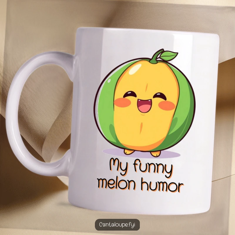 Funny cantaloupe half mug, laughing with a big, juicy smile, conveying pure, infectious joy and happiness.