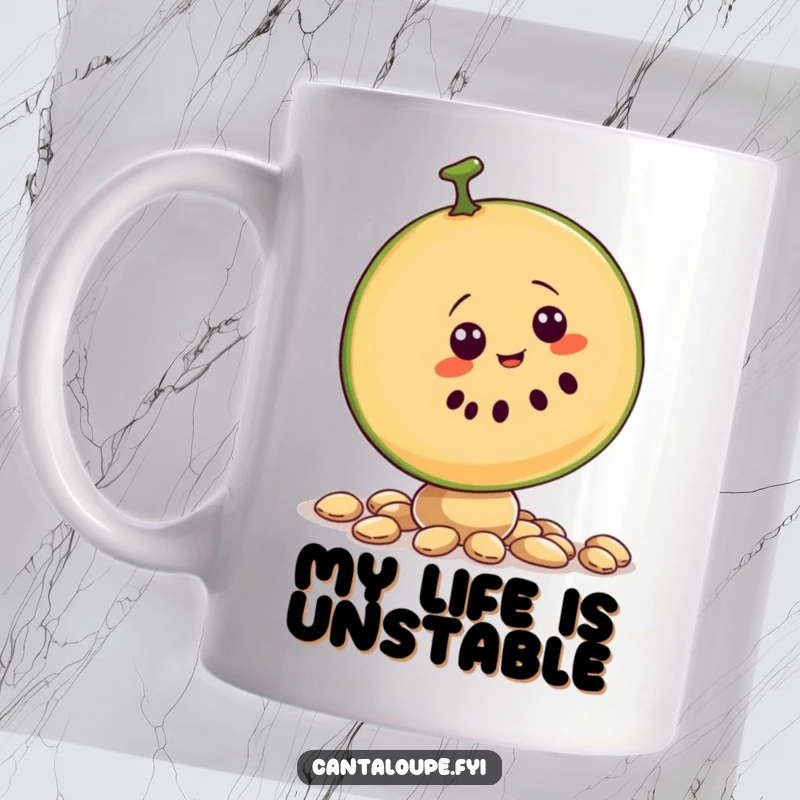 Funny mug with a wobbly cantaloupe slice character struggling to keep its balance on a pile of seeds.
