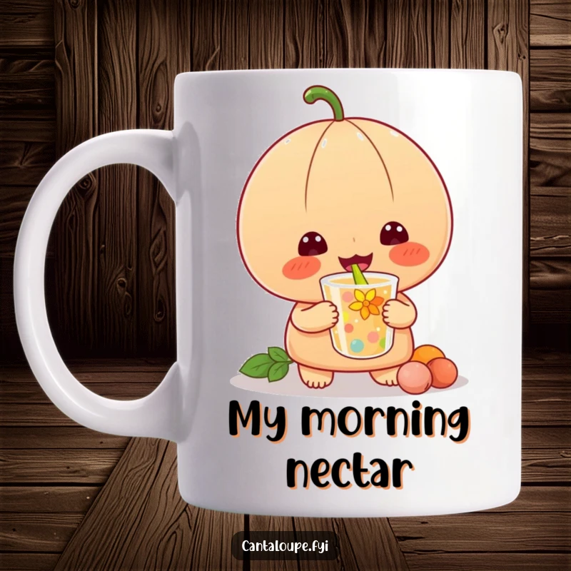 Funny mug featuring a joyful anthropomorphic cantaloupe character with closed eyes, happily slurping a bright, colorful nectar drink.