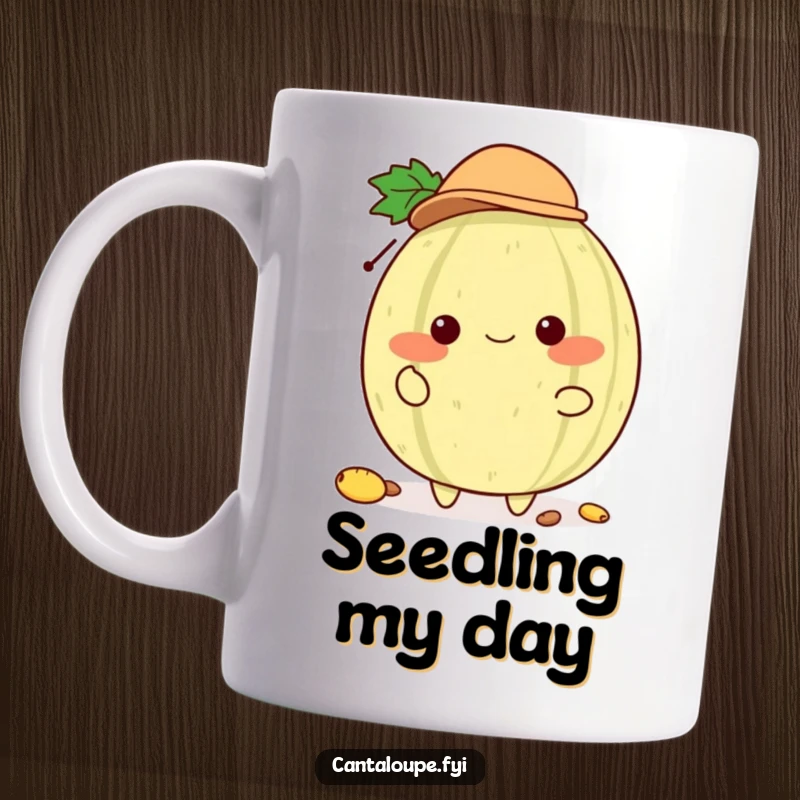 Funny Cantaloupe Juggler Mug: A cantaloupe character wearing a small, jaunty hat and skillfully juggling its own seeds, looking quite pleased.