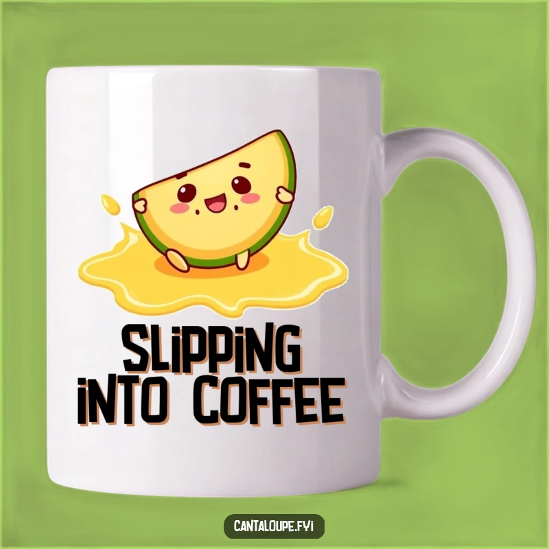 Funny Slip-Up Mug: Cantaloupe Character, Juice Puddle Mishap Gift