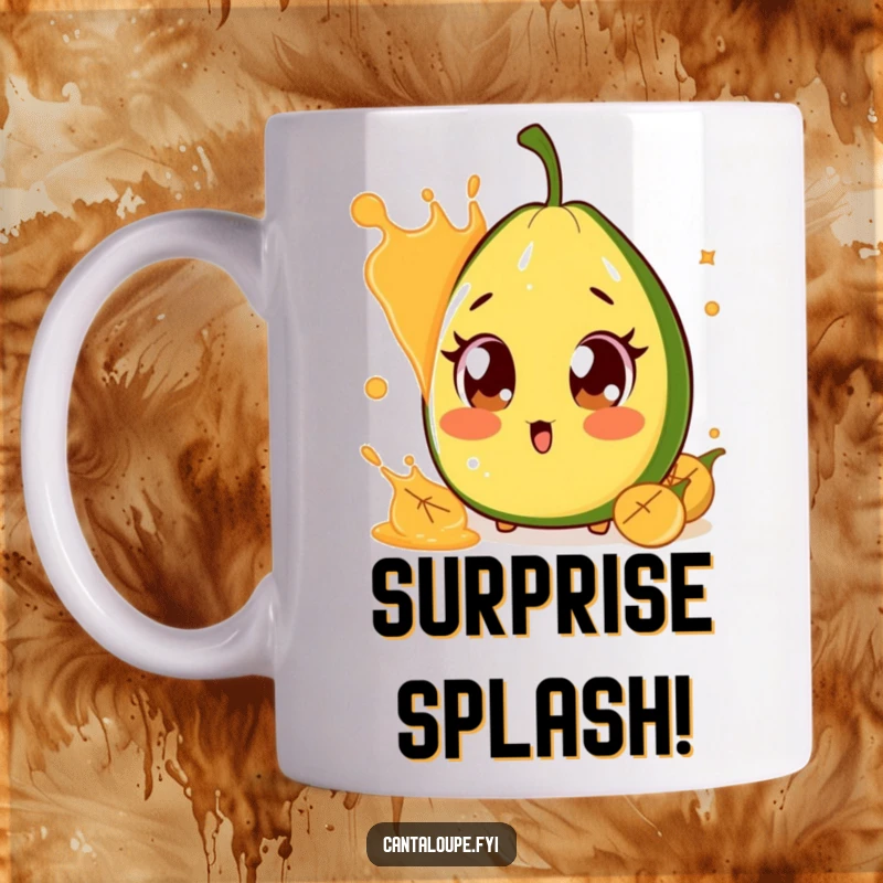 Funny Surprised Cantaloupe Mug: A cantaloupe character with comically large, surprised eyes reacting to an unexpected splash of its own juice.