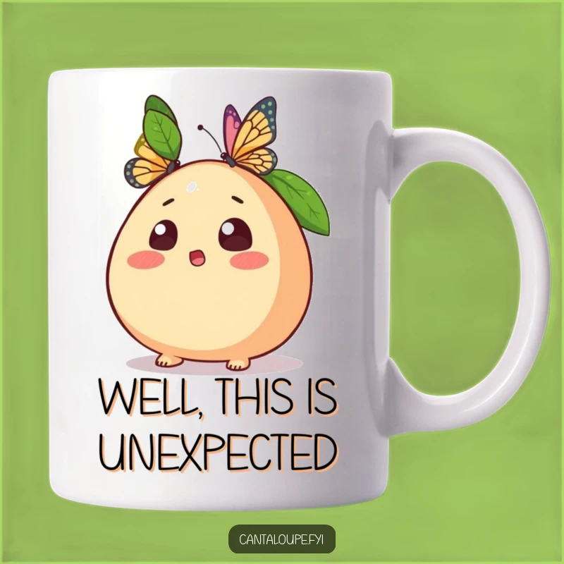 Funny Surprised Cantaloupe Mug: A Butterfly Landing Makes This Funny Gift Unique