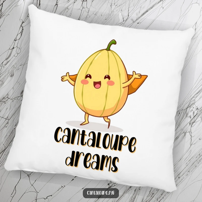 Funny cantaloupe character performing a silly dance with its rind as a cape, a decorative and humorous pillow for fruit-themed spaces.