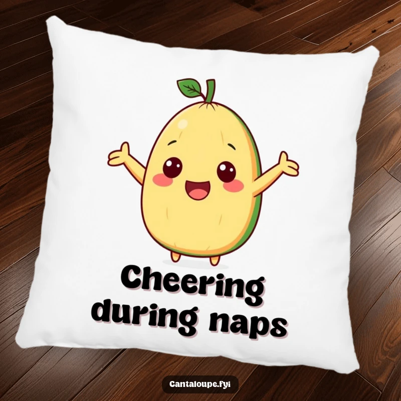 Funny pillow featuring a cute cantaloupe wedge character with arms outstretched, cheering with supportive energy.