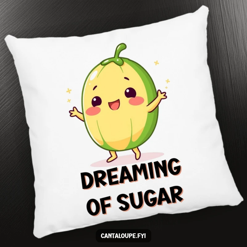 Funny Cantaloupe Pillow featuring a character doing a silly dance, sprinkled with sugar, offering sweet comfort and fun.