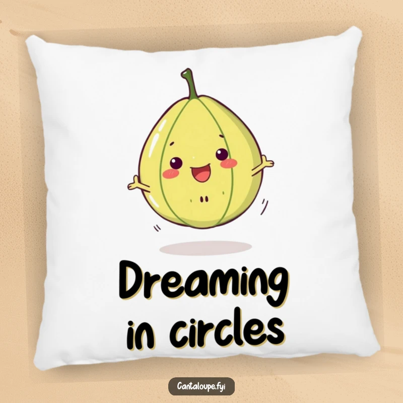 Funny Cantaloupe Slice Pillow: A plush pillow with a smiling cantaloupe slice character doing a cheerful spin, offering comfort and humor.