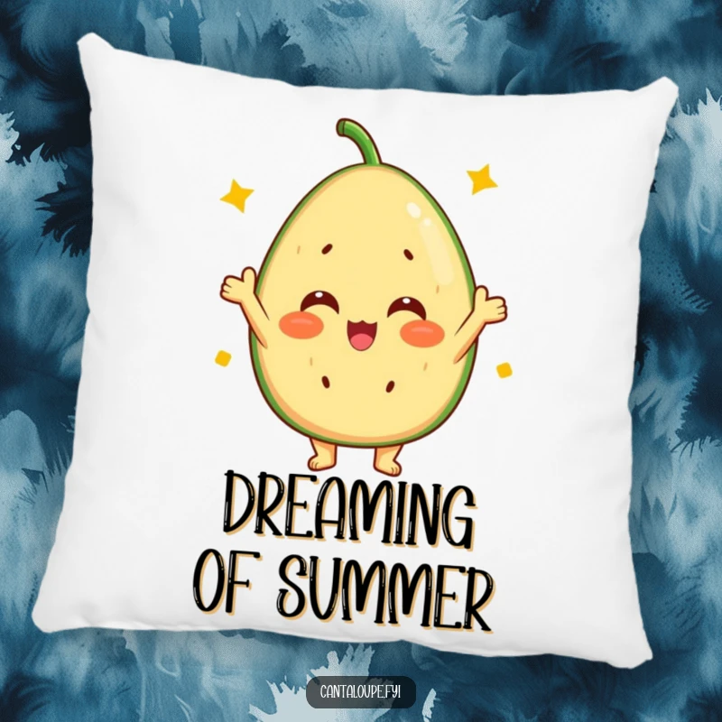 Funny Cantaloupe Pillow: A soft, decorative pillow featuring a cantaloupe character cheering with a vibrant, sunny disposition.