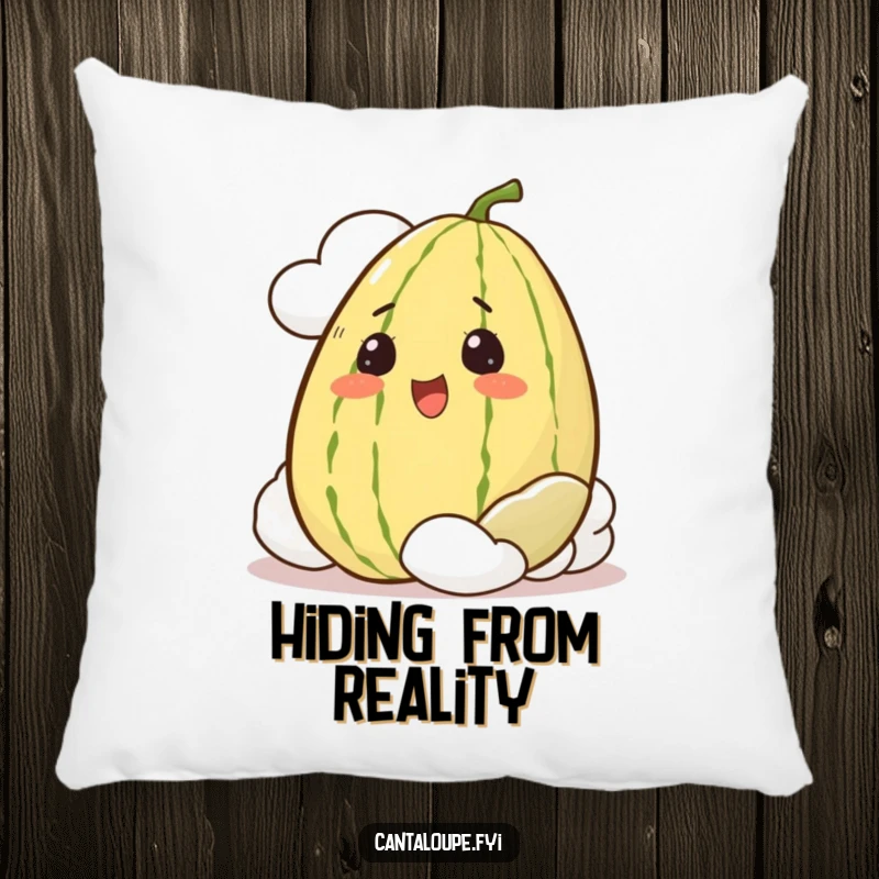 Funny Pillow with a whole, excited cantaloupe character peeking from behind a soft cloud, offering gentle comfort.