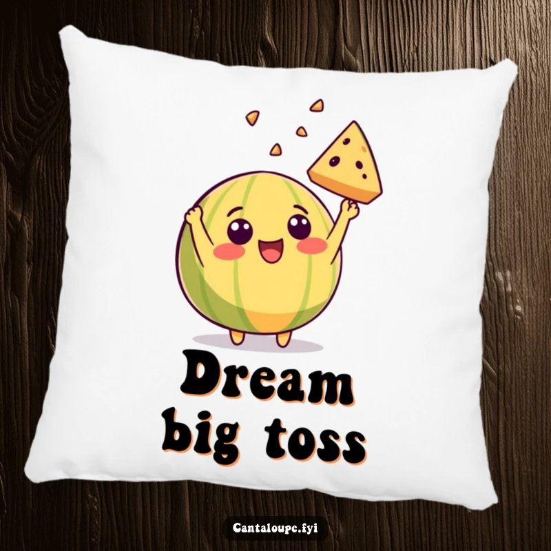 Funny pillow design showcasing a beaming cantaloupe character excitedly tossing a slice of itself upwards, radiating happiness.