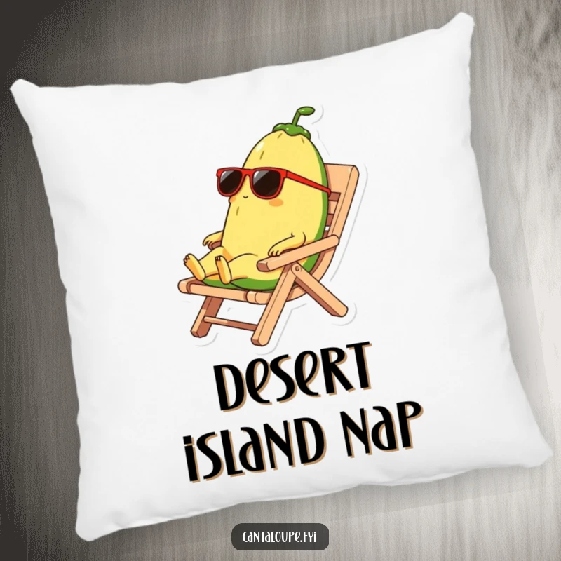 Funny pillow design showcasing a cantaloupe character wearing sunglasses and relaxing on a stylized beach chair made from its own rind.