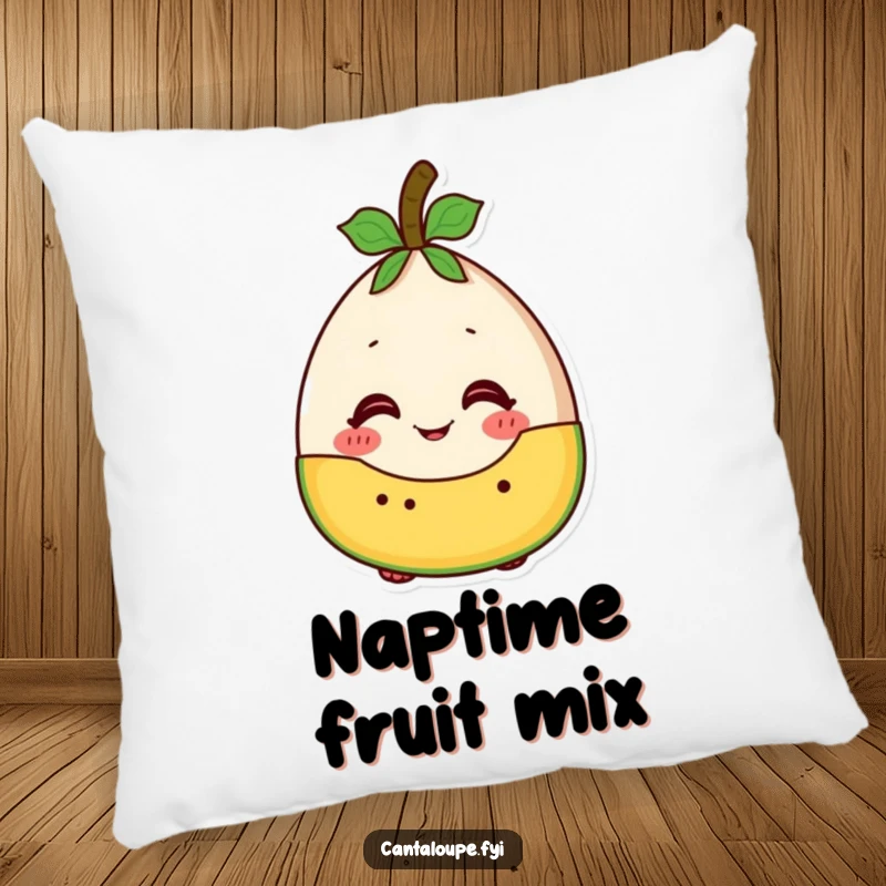 Funny cantaloupe character looking excited to be part of a fruit salad, a decorative and humorous pillow.