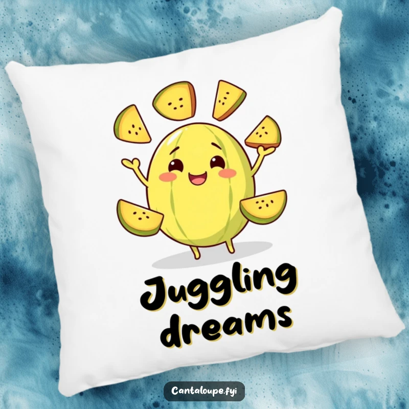 Funny pillow featuring a cantaloupe character grinning while juggling slices of itself, perfect for comfortable and humorous decor.